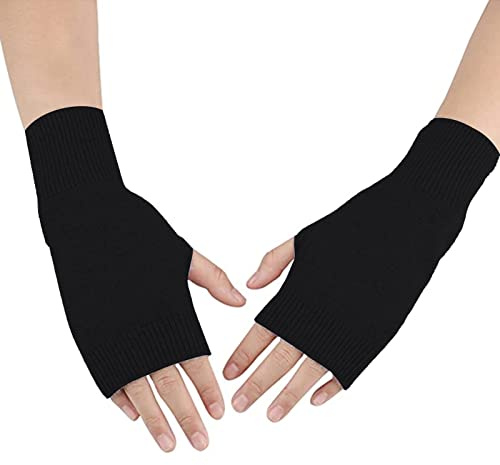 DWE Cashmere Fingerless Gloves - Winter Thermal Mittens With Thumb Hole for Women - Wrist Warmers Christmas Gifts for Girls, Ladies, Men (Black)