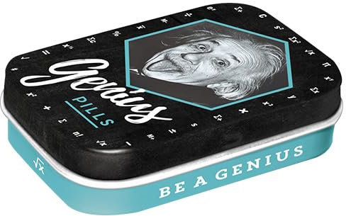Nostalgic-Art Retro Pillendose, 4 x 6 x 1,6 cm, Einstein – Genius Pills – Geschenk-Idee für Studenten, Original Lizenzprodukt (OLP), mit Pfefferminz-Dragees, Vintage Design