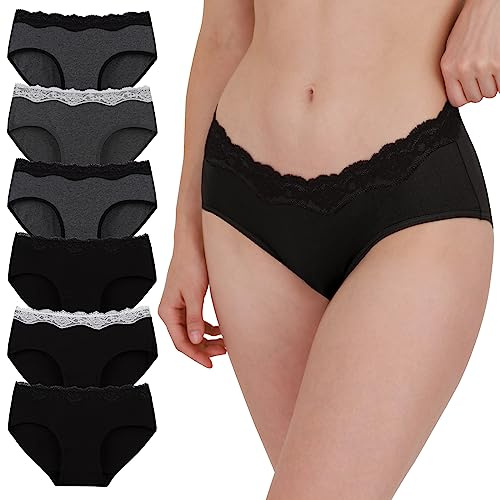 INNERSY Slip Femmes Coton Culottes Élégantes en Dentelle Shorty Sexy Taille Basse Lot de 6 (42, Noir/Gris)
