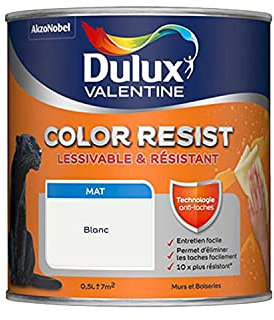 Dulux Valentine Color Resist Pièces à Vivre - Peinture Intérieure Murs, Plafonds, Boiseries - Lessivable et Résistante - Couleur : Blanc Pur - 0,5 L