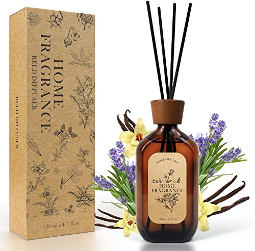 SCENTORINI Raumduft Diffusor, Raumerfrischer mit Lavendel-Vanille Duft, Duftstäbchen Diffuser, Duftvase für Räume, Bäder, Büros, Schränke, 120ml mit 6 Rattanstäbchen