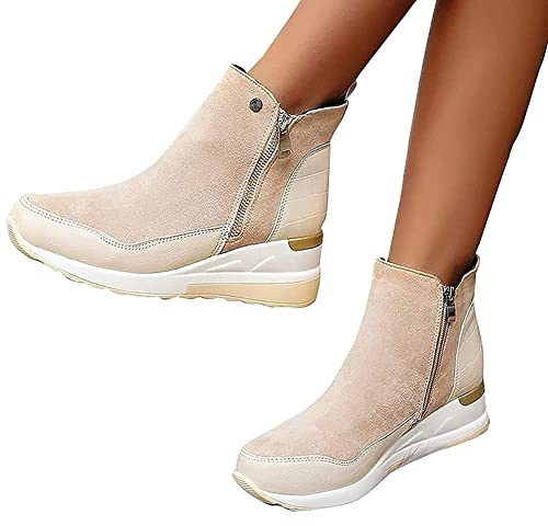 HOTRA Bottes Femme Bottine a Talon Baskets Montantes Baskets Compensées Plateforme Daim Bottillon Baskets Chaussures Fermeture Éclair Ankle Boots (Color : Beige, Size : 43 EU)
