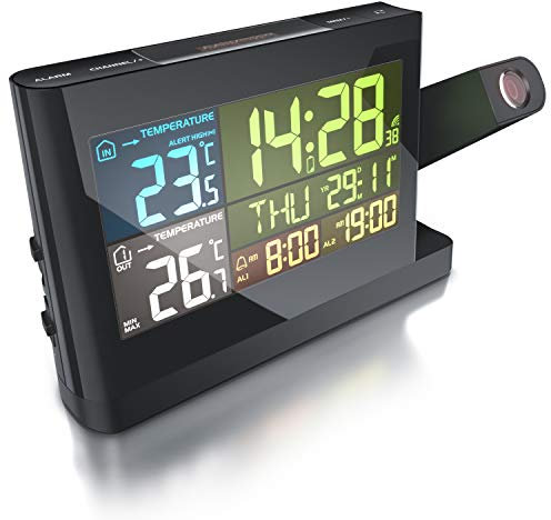 CSL - Wecker digital mit ausklappbarer Projektion – Funkwecker DCF - Wetterstation – Außensensor - Temperaturalarm - duale Weckzeit und Snooze - Dimmer - min. und max-Wert – Netzteil