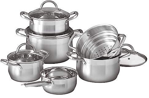 Bergner - Gourmet Stainless Steel Cookware 10-Piece Set - Induction Hob Aluminium Cookware Set - Includes a Saucepan, Soup Pot, Casseroles, and a Steamer with Glass Lids and Heat Resistant Handles