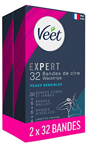Veet EXPERT - Lot de 64 Bandes De Cire Froide Coffret Jambes, Maillot & Aisselles - Peaux Sensibles - Finition Parfaite - Epilation Longue Durée - 2 x 32 Bandes