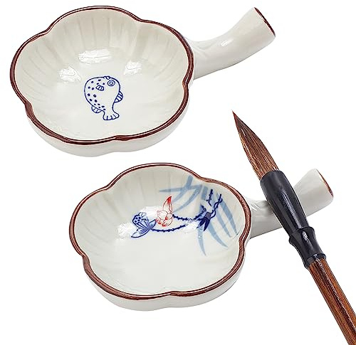 PH PandaHall Plat à Encre en Porcelaine avec Poignée pour Calligraphie Chinoise Sumi-E Peinture, Porte-Pinceau Forme de Fleur