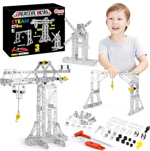 BESTYMXY Building Toys Model Set 273PCS - Tower Crane, Frame Crane & Windmill 3 in 1 Metal Kit, DIY Building STEM Projects, Educational Assembly Metal Toys