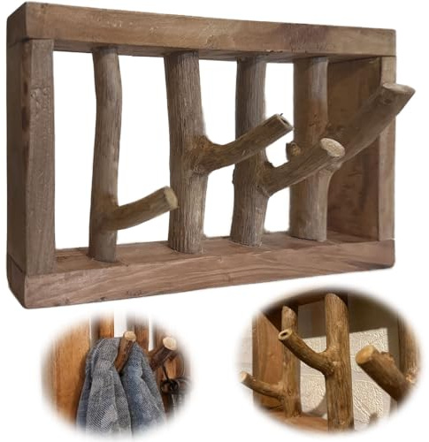LS-LebenStil Teak Holz Wandgarderobe 4 Kleiderhaken 45cm - UNIKAT Ast Baumstamm - Vintage Fundholz Teibholz - Garderobenleiste Garderobenpaneel Garderobenhaken Garderobe Doppelhaken