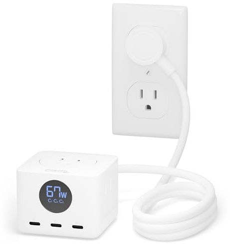 Plugable 67W USB C Power Strip, Charging Station Extension Cord with Multiple Outlets, Flat Wall Plug and Watt Meter, 3X USB-C, 3X AC Power Outlets for iPhone 16, Travel, Office, 5ft (PS3-METERC3)