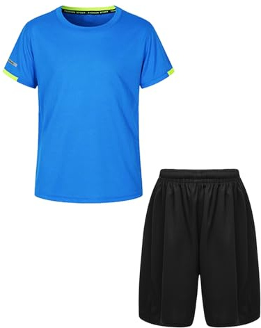 RUNQHUI Barn pojkar sport T-shirt snabbtorkande kortärmad och sportshorts träningsoverall sommar 5–16 år, B blå svart, 13-14 ans