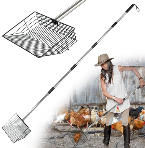 AMGSH 10 Heavy Duty Chicken Poop Scooper, 24-68 Adjustable Stainless Steel Handle, Large Metal Litter Scoop for Chicken Coop, Cat Litter, Horse Manure, Sandbox, Hay and Straw Cleaning