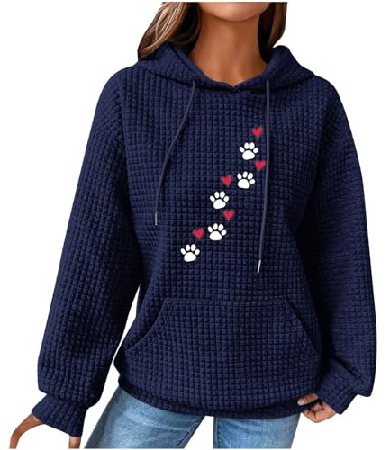 Women's Hoodies & Sweatshirts, Ladies Jumpers Classic Drawstring Sweatshirt with Pockets and Hood Long Sleeve Tops Dog Paw Printed Sweater Casual Waffle Hooded Pullover Comfy Loose Fit Coats S-5XL