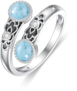ABIGY Lapis Lazuli/Rosa Opal/Turquesa Anillo de Plata de Ley 925 Doble Piedra Anillos Vintage Flores Anillo Ajustable Anillo Joyería Regalo para Mujer, 57mm, Plata de ley