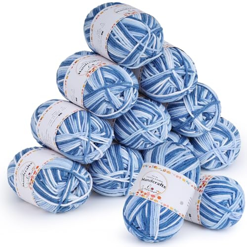 Aeelike Laine à Tricoter, 12×50g Laine Crochet pour Débutants, Bleu-Blanc