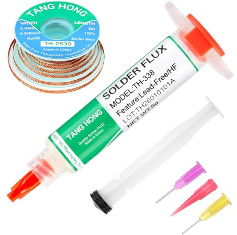 TANG HONG Solder Flux Paste And Solder Wick Braid, No Clean Soldering Flux (5ML) 10Ft Desoldering Wick Braid For Electronics Repair For Disassemble Electrical Components (2 Pack Kit)