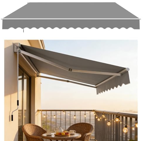 Aufun Store de balcon manuel à bras articulé, en aluminium et polyester, rétractable, protection solaire avec manivelle, imperméable, anti-UV, pour balcon, terrasse, extérieur (400 x 300 cm, gris)