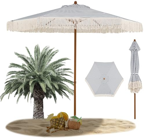 RELAX4LIFE Parasol de Plage Bohème à Franges ø210cm, Toile Polyester 230g/m² Protection UV50+, 6 Baleines, Mât Aluminium Grain de Bois pour Jardin, Terrasse, Balcon, Piscine (Rayé Bleu)