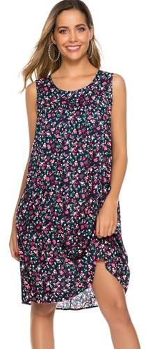 POGTMM Women's Nightgown Sleeveless Lounge Dress Folral Printed Sleep Shirt Pleated Scoopneck Nightdress with Pockets (XXL, A-Navy Blue)