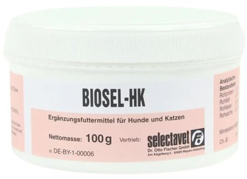 Selectavet Biosel-HK Pulver | 100 g | Ergänzungsfuttermittel für Hunde und Katzen | Zur Unterstützung des natürlichen Haut- und Haarwachstums | Enthält Biotin und Zink