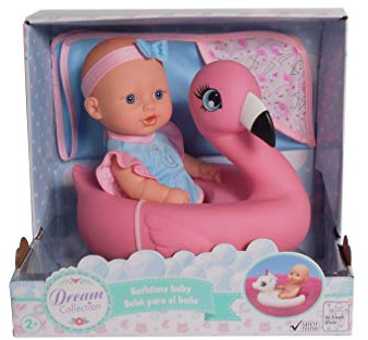 Dream Collection: 10 Bath Time Baby Doll & Flamingo Floatie Set - Onesie Outfit & Headband, Swaddle Blanket Towel, Hard Body, Water Play Toy, Kids 2+
