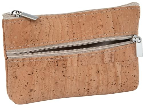 SIMARU Münzgeldbeutel Kork Geldbeutel Mini Slim Wallet Geldbörse mit 2 Reißverschlussfächern für Karten, Scheine & Münzen, nachhaltiges Portemonnaie