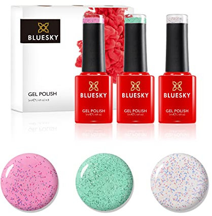 Bluesky Gel Nail Polish Set, Powder Sprinkles, Marine SR11, Sprinkles SR24, Pink Kisses 63908, 3x 5ml (Requires Curing Under UV or LED Lamp)