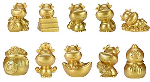 Yardwe 10 Pcs Feng Shui Golden Trésor Bassin Statue Mini Vache Figurine Chinois Zodiaque Boeuf Voiture Tableau De Bord Animal Décor 2021 Nouvel an Gâteau Topper Fée Jardin Ornement