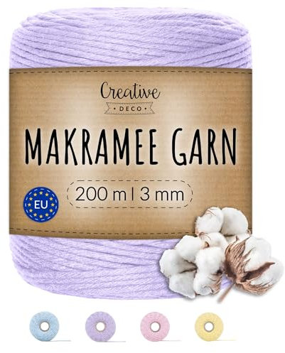 Creative Deco 200m Pastel Lila Makramee Garn Baumwoll Polyester | 656 Fuß | 2-3 mm Dicke | Baumwollkordel Baumwollschnur Baumwollgarn Kordel Baumwolle Cord Große Seil Rolle Starke | für Basteln DIY