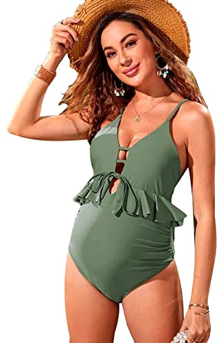 Tofern Costume da Bagno Premaman Intero Piscina Donna Curvy con Volant e Scollo a V Senza Schienale Regolabile Push up Costumi da Bagno Spiaggia