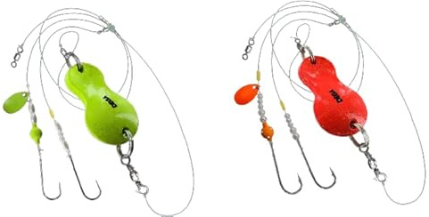 blntackle76 Set 2 Stück Buttlöffel von Jenzi Plattfisch Blinker montiert 60 Gramm Gelb und 80 Gramm Orange Glitzer + gratis Petri Heil! Aufkleber
