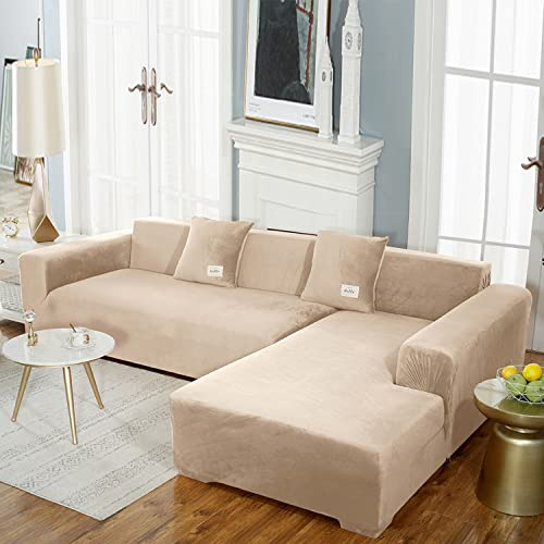 YOPOIY Sofaüberwurf für Sektionssofa, Samt Plüsch Sofabezug L Form Schmutzabweisend Möbelschutz mit Gummiband für Ecksofa-Beige-3-Sitzer + 3-Sitzer