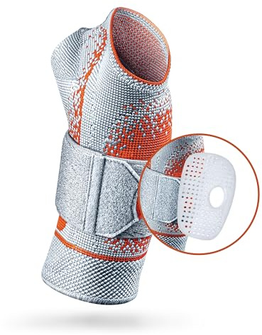 SPORLASTIC – MANUDYN SUPREME Handgelenkbandage links 3D-Gestrick– Orthopädische Handgelenkstütze mit anatomischer AIR-MATRIX Silikonpelotte zur Unterstützung des Ulnarköpfchens – Orangeblue Größe L