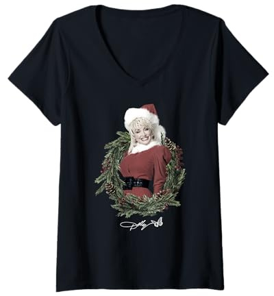 Womens Dolly Parton Christmas Wreath V-Neck T-Shirt