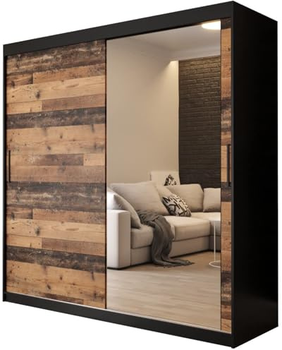 KRYSPOL Schiebetürenschrank Old Style T2 200 cm Kleiderschrank mit Spiegel Einlegeboden Schlafzimmer- Wohnzimmerschrank Schiebetüren Modern Design (Schubladen: 2)
