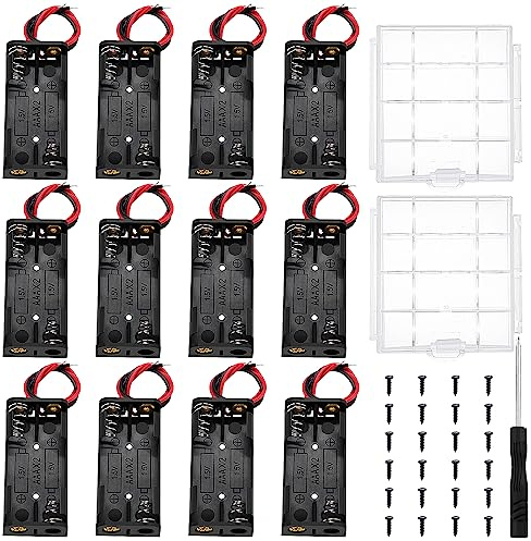 12 Stücke 2 AAA Batteriehalter, KUOQIY 2 x1.5V AAA Kunststoff Batteriehalter mit Drahtkabel, mit 2 Stücke Batteriebox aus Kunststoff und Schrauben und Schraubendreher