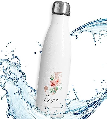 timalo® Thermosflasche | Initialen | personalisiert mit Namen auslaufsichere Edelstahl Trinkflasche Wasserflasche Muttertag Geschenk für Frauen 500mL | J