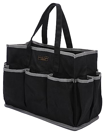 Werkzeugtaschen, 16OZ Waxed Canvas Tool Bag, Werkzeug-Tragetasche mit 1 großen Kapazität & 10 kleine Taschen - Robust mehrzeitig zugängliche Tasche für Gärtner Mechaniker Handwerker | Schwarz