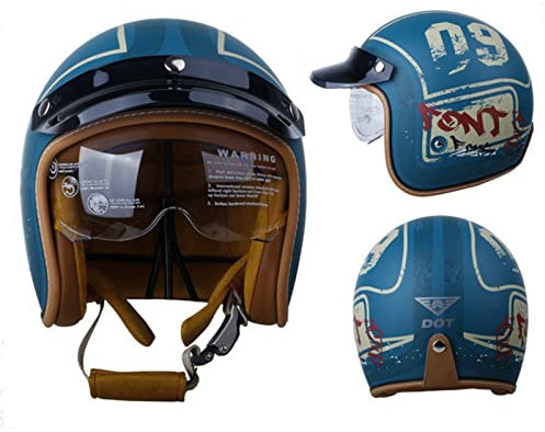 DXDRT Motorrad 3/4 Open Face Helme Vintage Retro Moped Vespa Helm Mit Visier Für Scooter Cruiser Cafe Racer DOT/ECE Sicherheit Street Bike Motorradhelm Für Erwachsene Männer Frauen,Blau,M