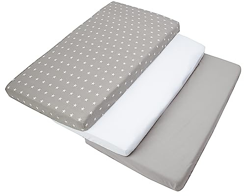 Medi Partners Drap Housse 60x120Lot de 3Draps lit Bebe Enfant Bébé-100% Coton Fitted Draps Lit pour Baby Bed Cover Sheets Matela literie Mattress Couette(Étoiles Blanches sur Fond Gris-Blanc-Gris)