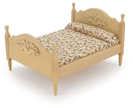 Miniature Furniture Dollhouse Wooden Fabric Bed with Mattress & Pillow 1 12 Scale Furniture Dollhouse Decoration Accessories (Wood)