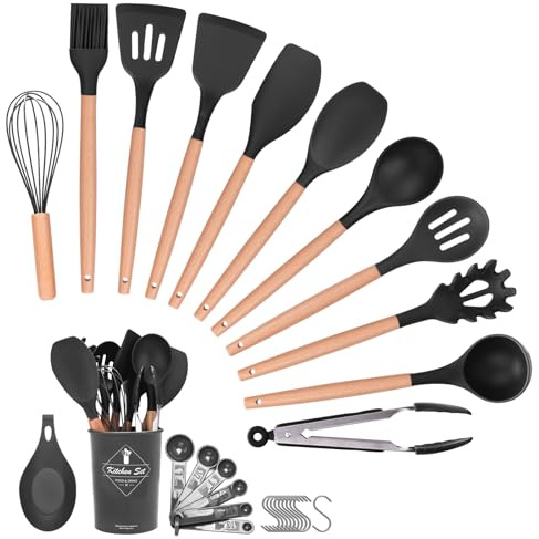 Helterfolg Küchenhelfer Set, 29-Stück Silikon küchenutensilien Set mit Utensilienhalter, Antihaft Hitzebeständiger Holzgriff Kochbesteck, Löffel, Spachtel Pfannenwender-Set(Schwarz)