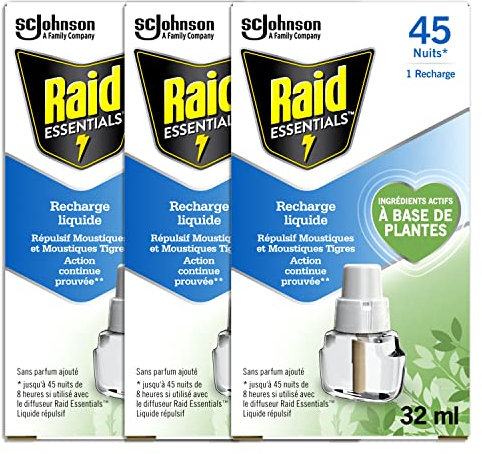 Raid Essentials Recharges Diffuseur Électrique Liquide - Répulsif Moustiques et Moustiques Tigres 45 Nuits - Sans Parfum Ajouté - 3 Recharges