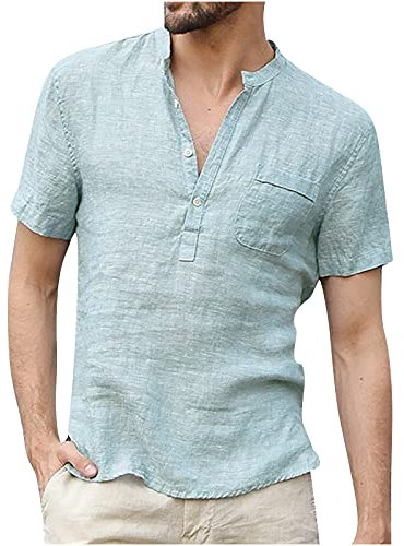 Mens Linen Top UK Clearance Henley Short Sleeve Solid Button Up Shirts Summer Cotton Linen T Shirt Casual Office Business Comfortable Breathable Blouses with Pocket