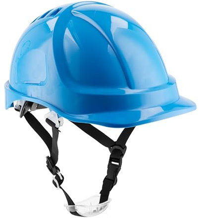 Högert Technik - Casco protettivo PLONER blu tinta unita | Casco protettivo per lavoratori edili | EN 397 | regolabile con un pulsante | fori di ventilazione | fascia di sudore | protezione dai raggi