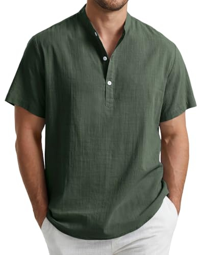 Enlision herr linne skjorta kortärmad farfar krage krage krage Henley skjortor män enfärgad vardaglig sommar strand semester button down toppar S-4XL, Mörkgrön, L