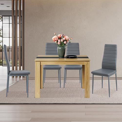FURNITABLE Essgruppe mit 4 Stühlen,110x70 cm Esstisch + 4 Dunkelgrau Stühle | Eichenoptik mit PU-Hochlehnern Sitzgruppe– Esszimmergruppe für 4 Personen, ideal für Esszimmer, Küche und modernes Wohnen
