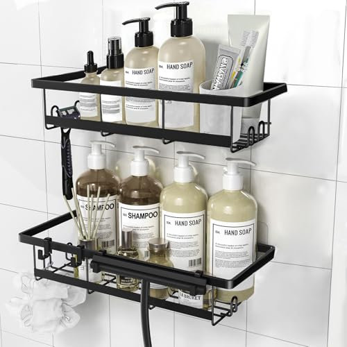 Pioleackflew Estanteria Ducha Sin Taladro - 2 Piezas Estanteria Baño Acero Inoxidable Estanteria Organizador Baño Accesorios Ducha con 4 Ganchos para Cocinas y Baños Negro