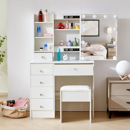 Buildonely Schminktisch mit Beleuchtung, Frisiertisch mit Hocker für Make up, Kosmetiktisch mit Spiegel und Licht, 3 Farbtemperaturen und Einstellbarer Helligkeit, W3139719, 36x80x131 cm