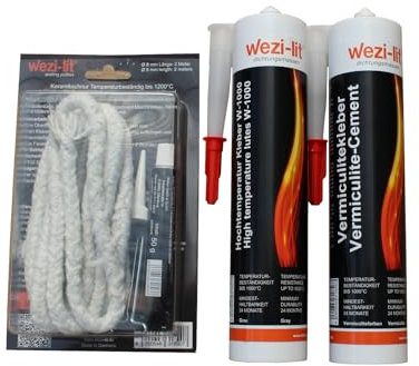 Corde de four Ø 6 mm 2 m + colle à cordon + mastic W-1000 + colle vermiculite résistante à la chaleur jusqu'à 1000 °C