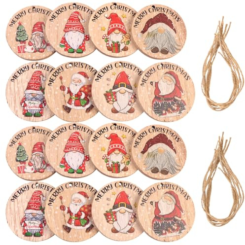ZYDYRX 16 Stück Rundes Weihnachtsornament aus Holz Weihnachtsbaum Anhänger mit Schnur Runde Weihnachtsdekoration Anhänger Bemalte Weihnachtsanhänger Holz Weihnachtsmann Ornament